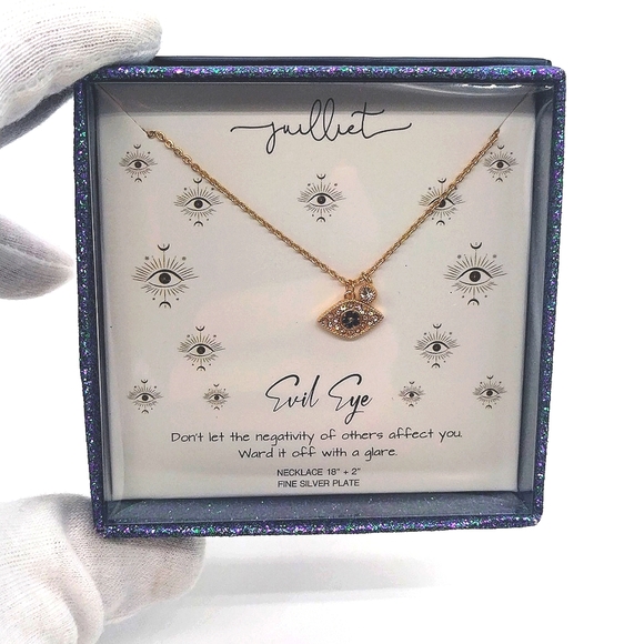 Juilliet Silver Plated Gold Hamsa Evil Eye with CZ Semi Precious Necklace Boxed - Picture 2 of 3